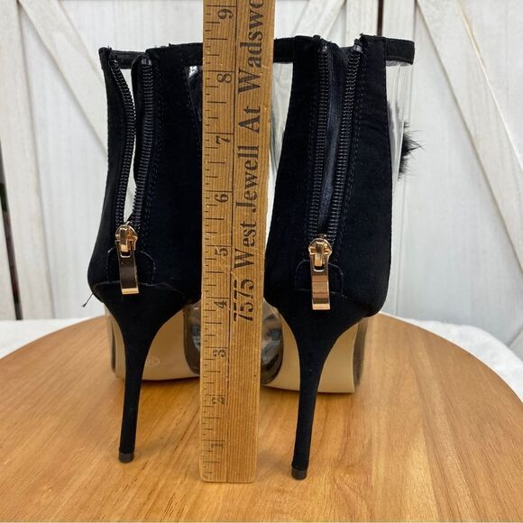 Bai Beiai Clear Peep Toe Heeled Ankle Boots PomPom Zipper Front Black 6 - Picture 12 of 12